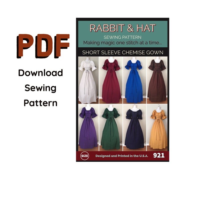 Puede incluir: Patr&oacute;n de costura PDF para un vestido camis&oacute;n de manga corta. El patr&oacute;n se llama "Rabbit & Hat" e incluye instrucciones para hacer magia una puntada a la vez. El patr&oacute;n est&aacute; disponible en varios colores, incluyendo blanco, rojo, azul, marr&oacute;n, morado, verde, negro y amarillo.