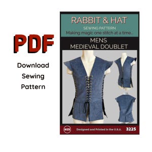Op de afbeelding: Een PDF-naaipatroon voor een middeleeuws wambuis, getiteld Rabbit & Hat. Het patroon toont een blauw, mouwloos vest met vetersluiting, een V-hals en zijsplitten. De omslag toont voor- en achteraanzichten van het kledingstuk op een paspop.