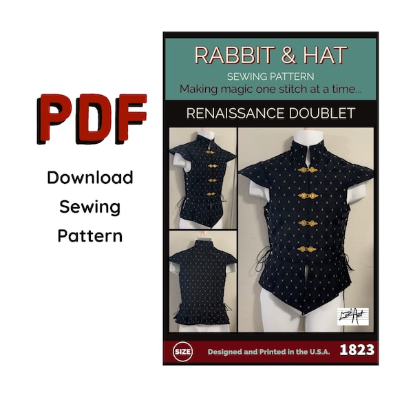 PDF LARGE Mens Renaissance Side Tie Doublet Vest with Tabs Collar, Shoulder Accents 1823 New Rabbit and Hat Sewing Pattern Medieval Pirate