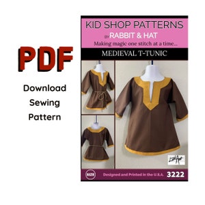 PDF Size SMALL Child Boys Kids Medieval T-Tunic Pirate Viking 3222 Rabbit and Hat Sewing Pattern  Costume Knight Renaissance Shirt Top