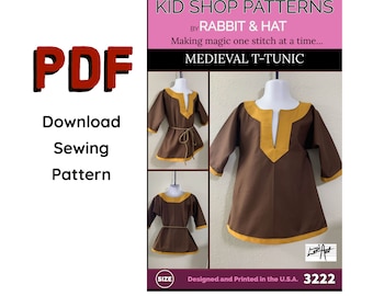 PDF Size LARGE Child Boys Kids Medieval T-Tunic Pirate Viking 3222 Rabbit and Hat Sewing Pattern  Costume Knight Renaissance Shirt Top