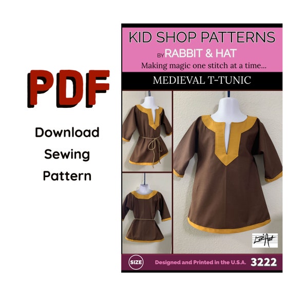 PDF Size LARGE Child Boys Kids Medieval T-Tunic Pirate Viking 3222 Rabbit and Hat Sewing Pattern  Costume Knight Renaissance Shirt Top