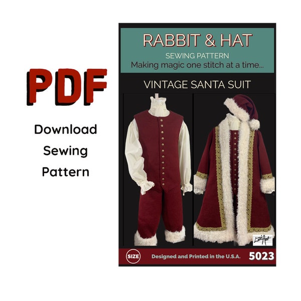 PDF Size SMALL Men's Vintage Santa Suit 5023 New Rabbit and Hat Sewing Pattern Bundle Top, Vest, Pants, Coat, Hat, Cravat Victorian Costume