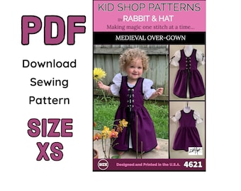 Size XS 2T - PDF Toddler Child Girls Kids Medieval Over Gown 4621 New Rabbit and Hat Sewing Pattern  Step by Step Photo Instructions