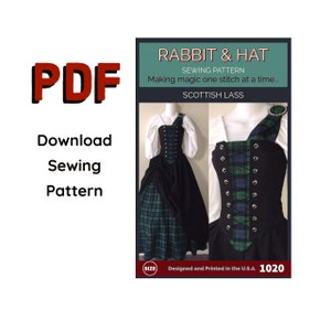 PDF Size MEDIUM Scottish Lass Bodice with Stomacher Panel, Mid length Chemise Top A-Line Skirt, Scarf 1020 New Rabbit and Hat Sewing Pattern