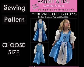 Girls Medieval Little Princess Bodice Top Skirt 125 New Rabbit and Hat Sewing Pattern  Step by choose size 3/4 5/6 7/8 9/10 11/12 13/14