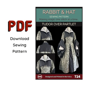 May include: A sewing pattern for a Tudor over partlet, a type of historical clothing. The pattern is called "Rabbit & Hat" and includes instructions for making magic one stitch at a time. The pattern is designed and printed in the U.S.A. and has a size label.