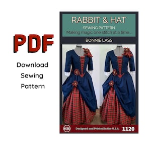 May include: PDF sewing pattern for a blue and red plaid dress with a matching hat. The pattern is titled "Rabbit & Hat" and is by Bonnie Lass. The pattern is size 1120.