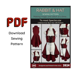 May include: A sewing pattern for a red collared over bust vest with peplum, titled "Rabbit & Hat: Tis most Spectacular". The pattern includes instructions for making a matching hat. The pattern is designed and printed in the U.S.A. and has a size chart.