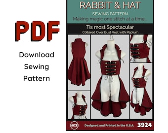 May include: A sewing pattern for a red collared over bust vest with peplum, titled "Rabbit & Hat: Tis most Spectacular". The pattern includes instructions for making a matching hat. The pattern is designed and printed in the U.S.A. and has a size chart.