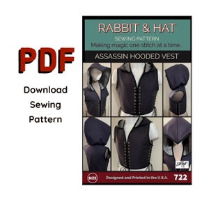 PDF Size XS MENS Adjustable Pointed Hoodie Hooded Vest 722 New Rabbit and Hat Sewing Pattern Renaissance, Medieval, Pirate, Arrow, Gothic