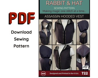 PDF Size 2X MENS Adjustable Pointed Hoodie Hooded Vest 722 New Rabbit and Hat Sewing Pattern Renaissance, Medieval Pirate, Arrow Gothic