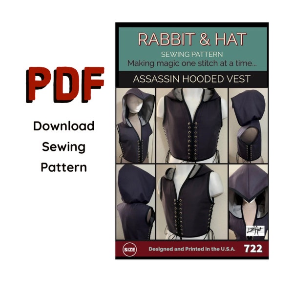 PDF Size XL MENS Adjustable Pointed Hoodie Hooded Vest 722 New Rabbit and Hat Sewing Pattern Renaissance, Medieval Pirate, Arrow Gothic