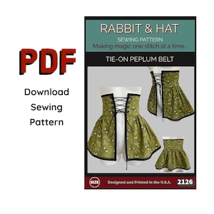 Op de afbeelding: Een PDF-naaipatroon voor een strikceintuur met peplum genaamd Rabbit & Hat. Het patroon toont een olijfgroene stof met een witte insectenprint, zwarte biezen en zwarte vetersluitingen aan de voorzijde. Het document bevat tekst en afbeeldingen.
