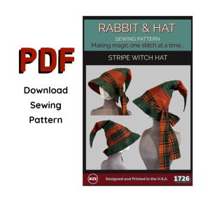 Puede incluir: Un patrón de costura en PDF para un sombrero de bruja a rayas titulado Rabbit & Hat. El documento muestra tres imágenes de un sombrero puntiagudo hecho de tela a cuadros verde y naranja con cintas largas. Incluye el texto Making magic one stitch at a time.