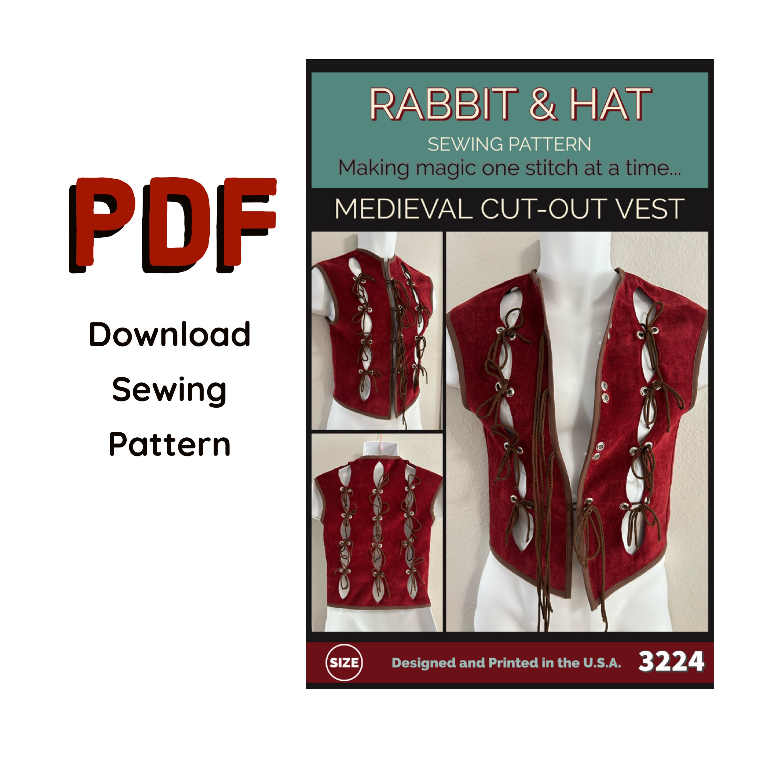 PDF XL Mens Medieval Cut Out Vest 3224 Rabbit and Hat Sewing