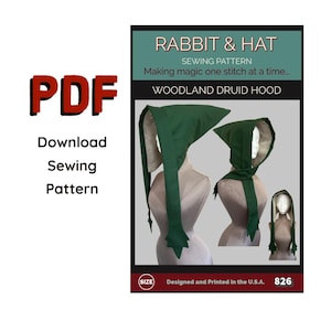 Könnte beinhalten: Ein PDF-Schnittmuster für eine Woodland Druid Kapuze mit dem Titel Rabbit & Hat. Das Muster zeigt eine dunkelgrüne Kapuze mit hellem Futter, dargestellt an drei Schaufensterpuppen. Der Text enthält Making magic one stitch at a time.