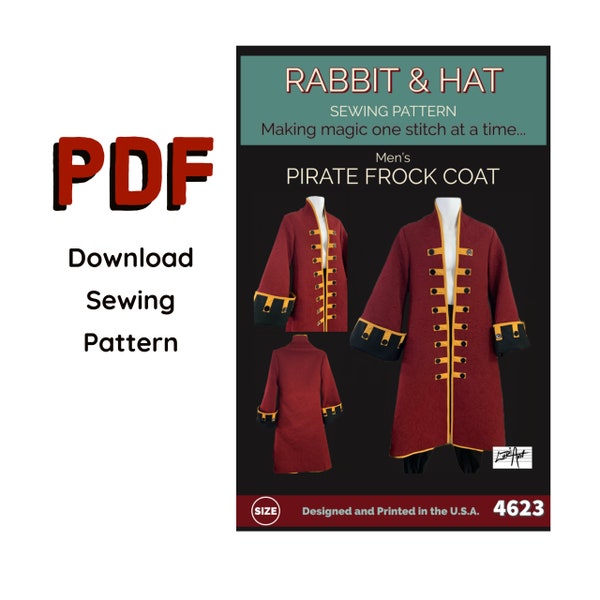 PDF Size 4X - Men's Pirate Frock Coat 4623 New Rabbit and Hat Sewing Pattern Renaissance Medieval Tunic Jacket