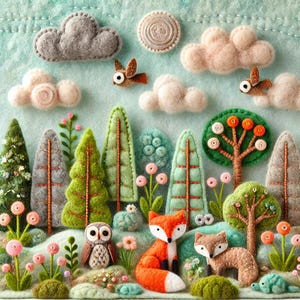 Bébés animaux de la forêt renard, hibou, oiseaux dans une forêt printanière, image numérique inspirée du feutre