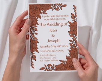 Convite de casamento floral editável dos anos 70 | Editar no Canva | 13,7 cm x 18,7 cm