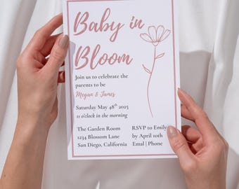 Modelo de convite para chá de bebê com flores rosas: convite editável "Bebê em Flor" (5x7 polegadas)