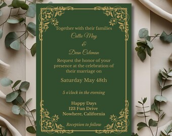 Convite de casamento elegante em tons de dourado e verde (modelo editável para fazer você mesmo, 12,7 x 17,8 cm)