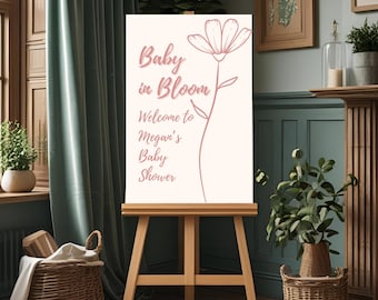 Placa de chá de bebê com flores rosa - modelo editável para comemoração do bebê em flor