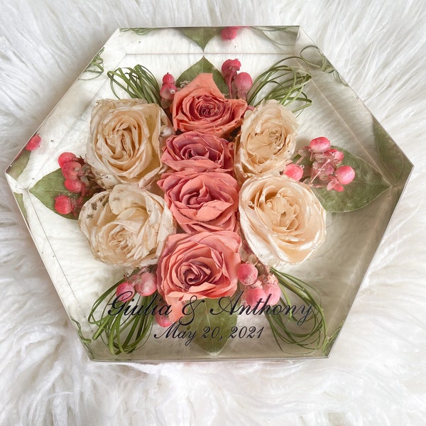 9” Hexagon Custom Engraved Bridal Bouquet Preservation, Floral Bouquet Preservation in a Resin Block, Wedding Bouquet Keepsake