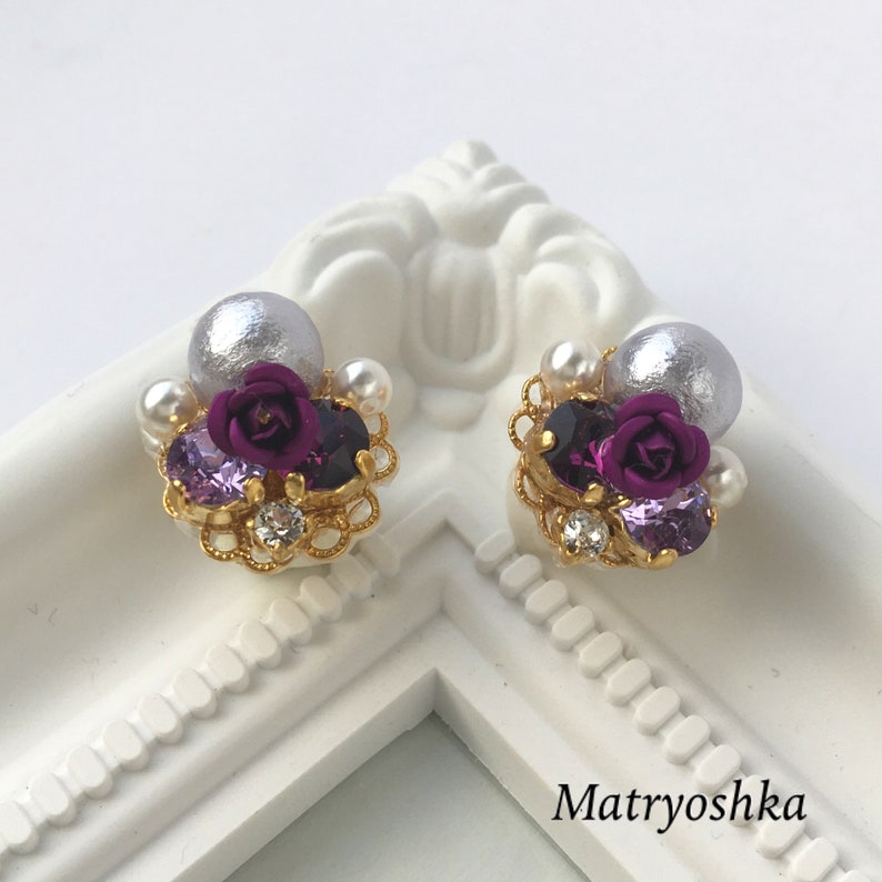 Bijou earrings with purple roses and pale cotton pearl jewelry