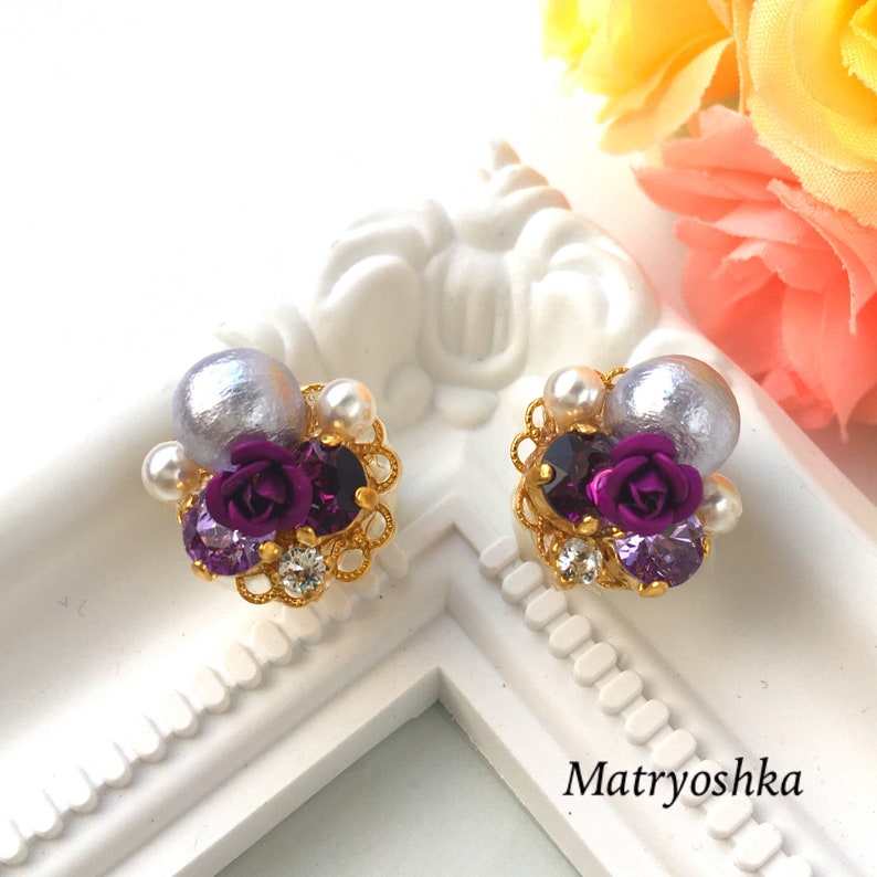 Bijou earrings with purple roses and pale cotton pearl jewelry