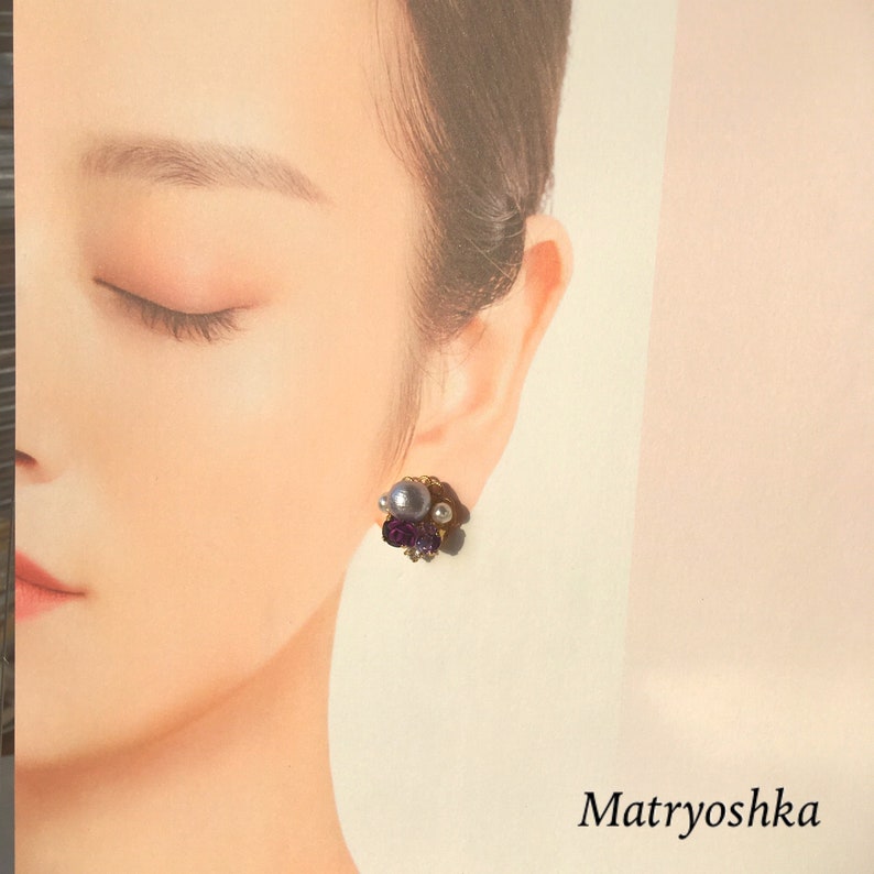 Bijou earrings with purple roses and pale cotton pearl jewelry
