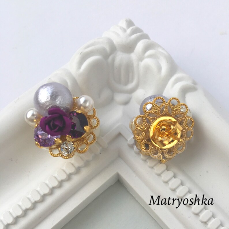 Bijou earrings with purple roses and pale cotton pearl jewelry