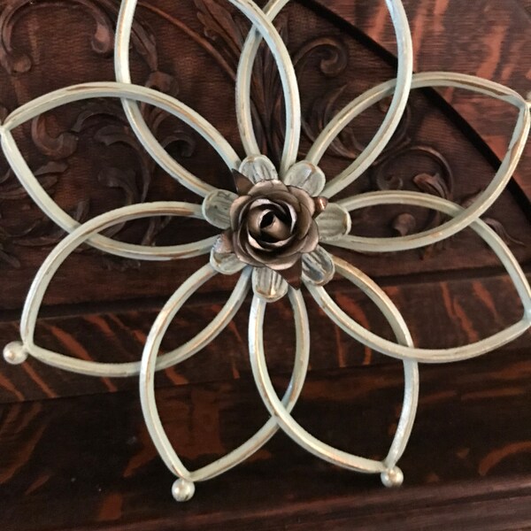 Chic, wall medallion, REDUCED, soft green, metal rose, OOAK, 2788