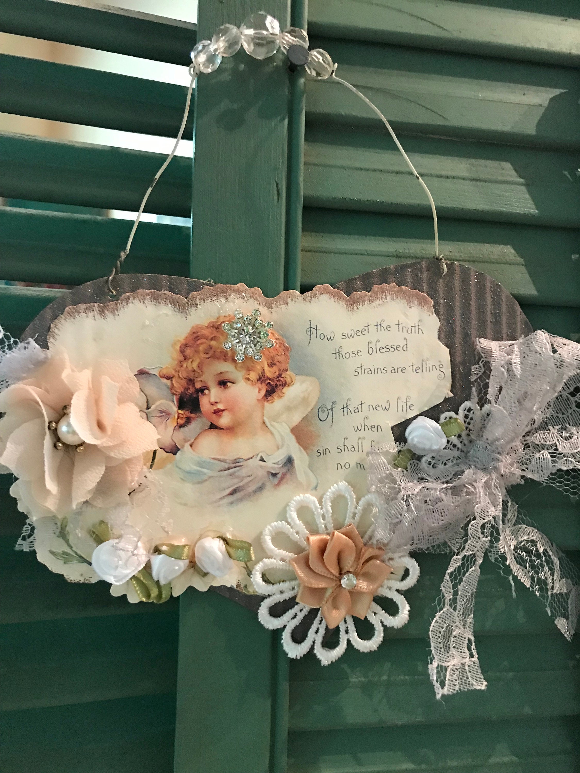 Heart Warmer, Vintage embellished, Beautiful verse, aged angel, OOAK, 4112