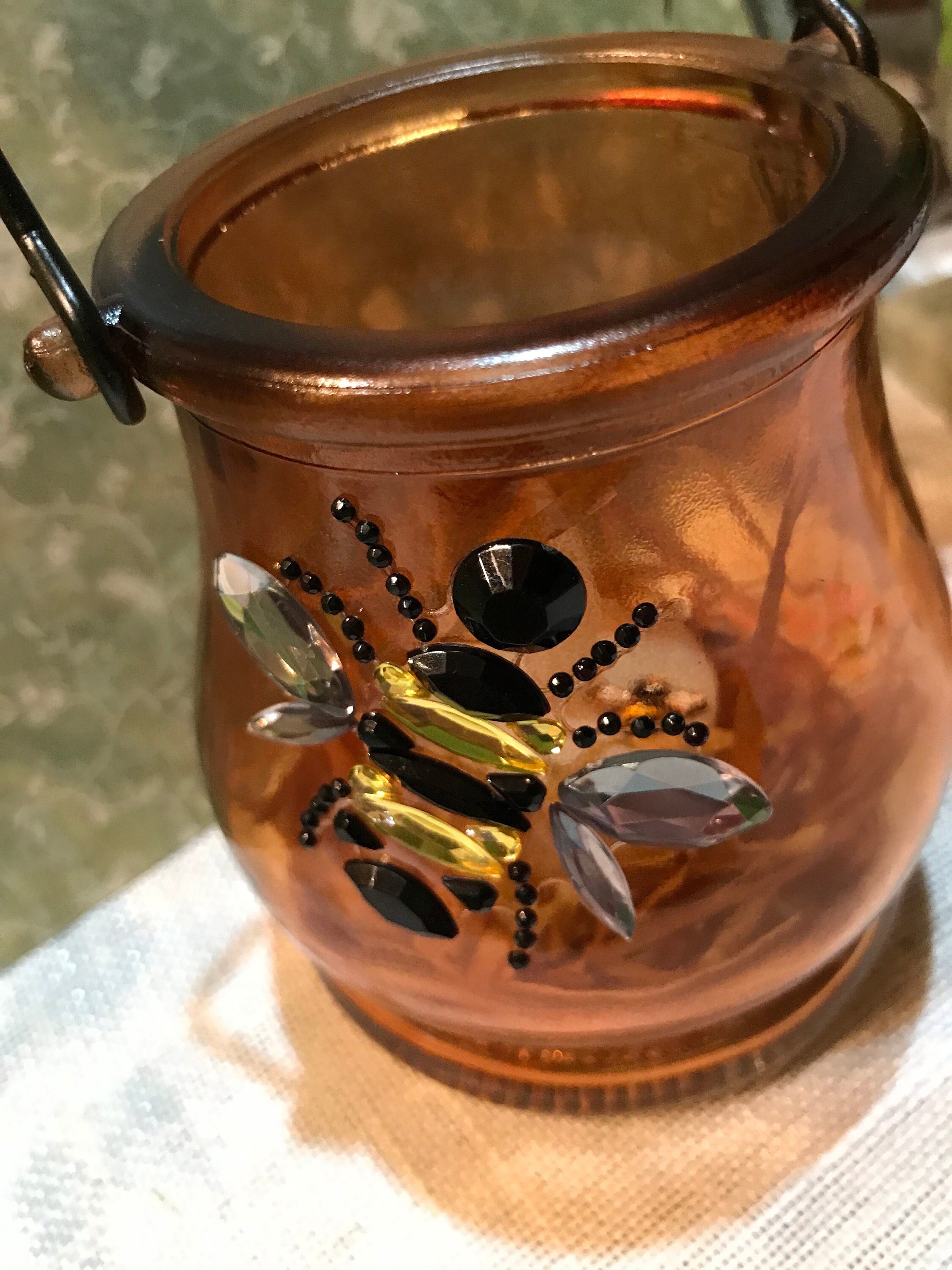 vintage an・an no.4 Amber, Glass, With Bee, Votive, X Battery, OOAK, Tiny Bee