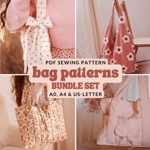 May include: A PDF sewing pattern bundle set for bags, featuring A0, A4, and US-letter formats. The image displays four different bag designs: a white bag with brown polka dots and a bow, a pink bag with white flowers, a quilted brown floral bag, and a pink corduroy bag.