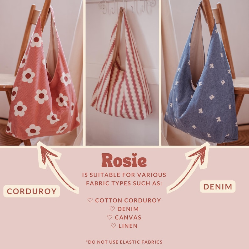 May include: Three tote bags in different fabrics: a pink corduroy with white flower patterns, a red and white striped fabric, and a blue denim with white flower patterns. The text "Rosie" is displayed with fabric type suggestions.