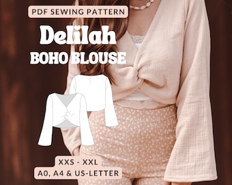 Naaipatroon voor een boho-blouse, top met lange mouwen en wijde mouwen, geschikt voor beginners, zomertop met wijde mouwen gemaakt van mousseline (PDF)