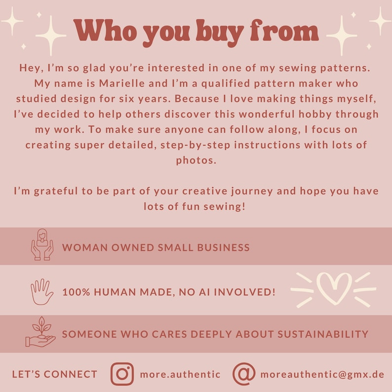 May include: A light pink graphic with the text "Who you buy from." The text introduces Marielle, a qualified pattern maker, and emphasises detailed instructions. Additional text includes "Woman Owned Small Business," "100% Human Made, No AI Involved!" and "Someone Who Cares Deeply About Sustainability."