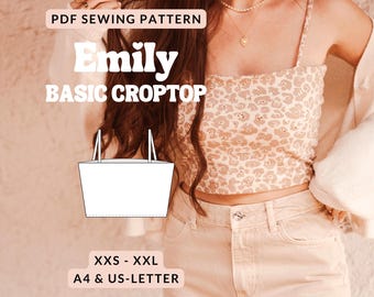 Naaipatroon voor een crop top voor dames: Naaipatroon voor een top met spaghettibandjes voor beginners - Elastische korte top met vierkante halslijn, nauwsluitend en figuuraccentuerend.