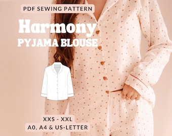Naaipatroon voor een damespyjamablouse, pyjamatop met lange mouwen en knoopsluiting, naaipatroon voor een pyjamatop met kraag (PDF).