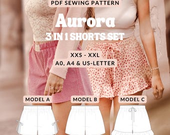 Patrón de costura de pantalones cortos para mujer, pantalones cortos con lazo y volantes, patrón de costura de pantalones cortos, pantalones cortos tipo bóxer para mujer, pantalones cortos de pijama en PDF, conjunto de pantalones cortos de costura