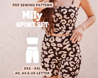 Cartamodello per completo sportivo da donna, cartamodello per pantaloncini sportivi, cartamodello per crop top sportivo da donna, cartamodello per pantaloncini da ciclismo sportivi, cartamodello per pantaloni da corsa