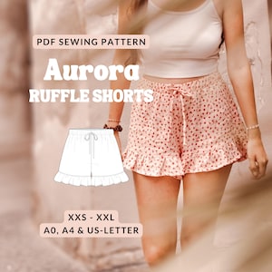 Ruffled shorts sewing pattern women shorts with frills pattern ruched summer pants with elastic waistband shorts pattern with ruffles easy