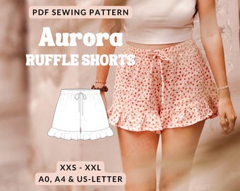 Ruffled shorts sewing pattern women shorts with frills pattern ruched summer pants with elastic waistband shorts pattern with ruffles easy