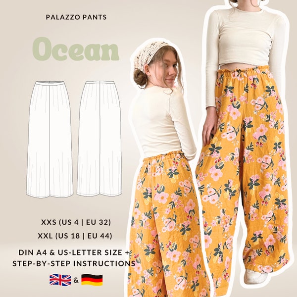 Patrón de costura de pantalones palazzo | PDF DIN A4 y tamaño carta EE.UU. | Instrucciones en inglés + alemán.