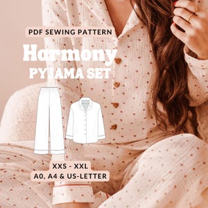 Pyjama set sewing pattern women pajama pants elastic pattern pj set classic ladies pyjamas blouse with collar and buttons pj pants pattern