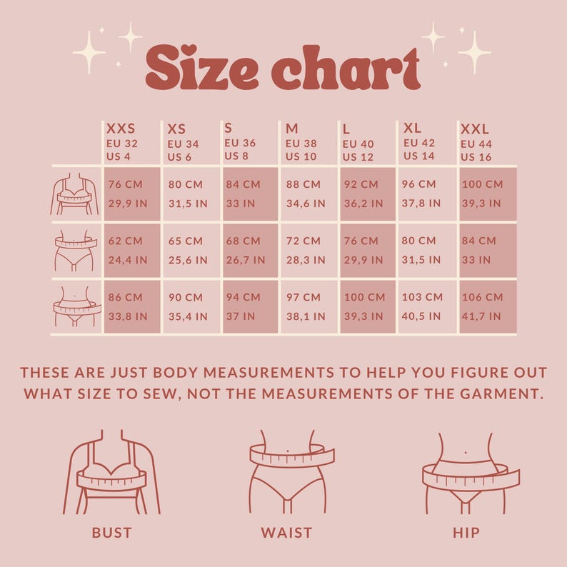 May include: A pink size chart with dark red text and line art icons. It displays body measurements for bust, waist, and hip in centimeters and inches for sizes XXS to XXL. The text reads: Size chart. THESE ARE JUST BODY MEASUREMENTS TO HELP YOU FIGURE OUT WHAT SIZE TO SEW, NOT THE MEASUREMENTS OF THE GARMENT.