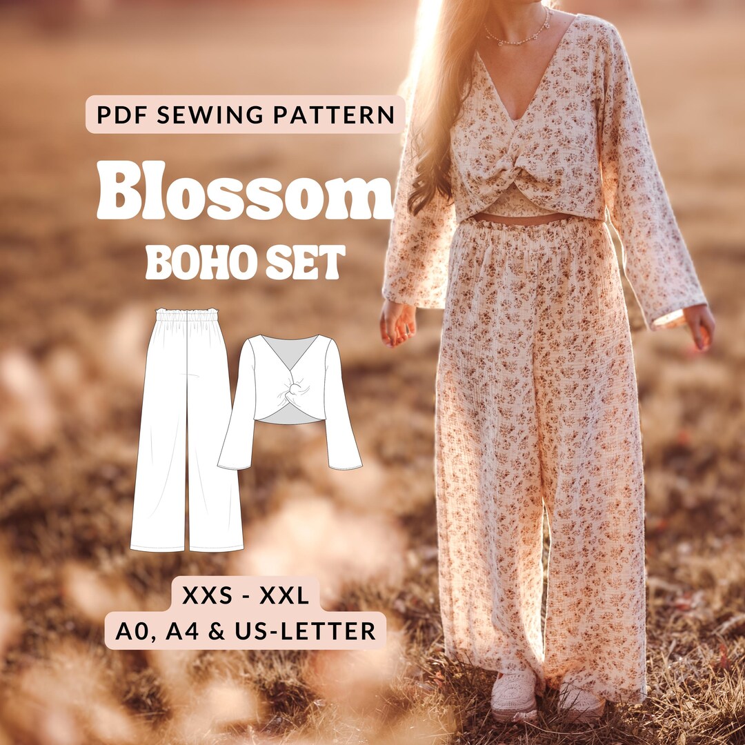 Pattern Boho Blouse and Wide Leg Pants Sewing Set Two Piece Set Muslin ...
