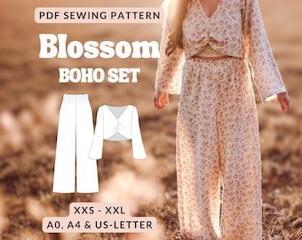 Zomerse mousseline set voor dames: naaipatroon voor een bijpassende set van broek en blouse in boho-stijl. Eenvoudige instructies in PDF-formaat.